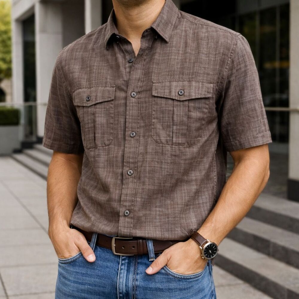 Alfani Men’s Blend Camp Shirt Button Up Brown Plaid S